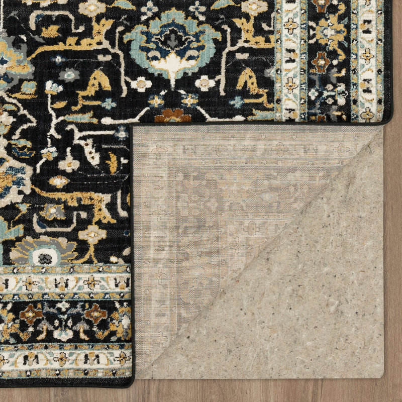 Black and Ivory Floral Motif Viscose Rectangle Area Rug