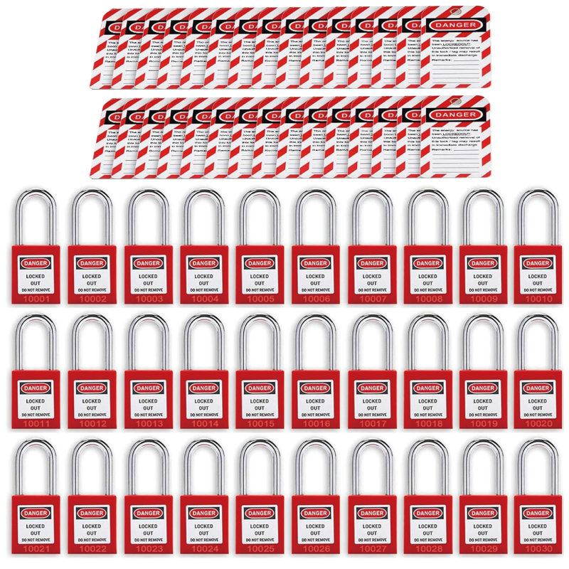 Lockout Tagout Locks Set 30 Red Loto Locks Keyed Different 2 Keys Per Lock OSHA Compliant Lock Out Tag Out Safety Padlocks with 30 Tags for Electrical Lockout Stations Devices