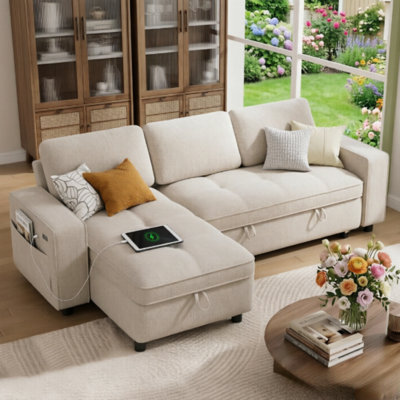 81" L-Shaped Sectional Sleeper Sofa Bed with Storage Chaise – 3-in-1 Convertible Pull Out Couch, 5-Level Reclining Backrest, USB & Type-C Charging Ports