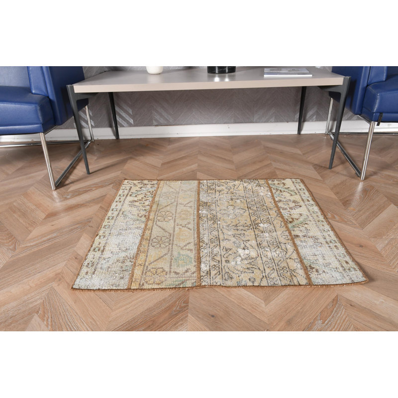 Vintage Turkish Patchwork Rug Handmade From Antique Wool Ideal For Entryway Or As Luxury Door Mat In Beige