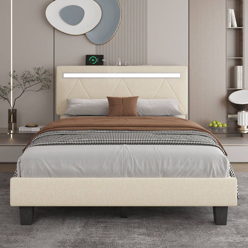 Beige King Upholstered Bed Frame with LED Lighted Headboard and Charging Station