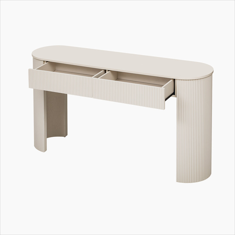 Table d'entrée avec design cannelé, console moderne avec rangement, plateau ovale et 2 tiroirs pour l'entrée et le salon (blanc champagne)