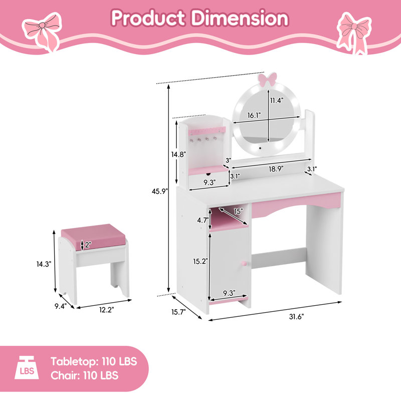 Ensemble de coiffeuse et de chaises pour enfants - Ensemble de coiffeuse avec miroir, Blanc