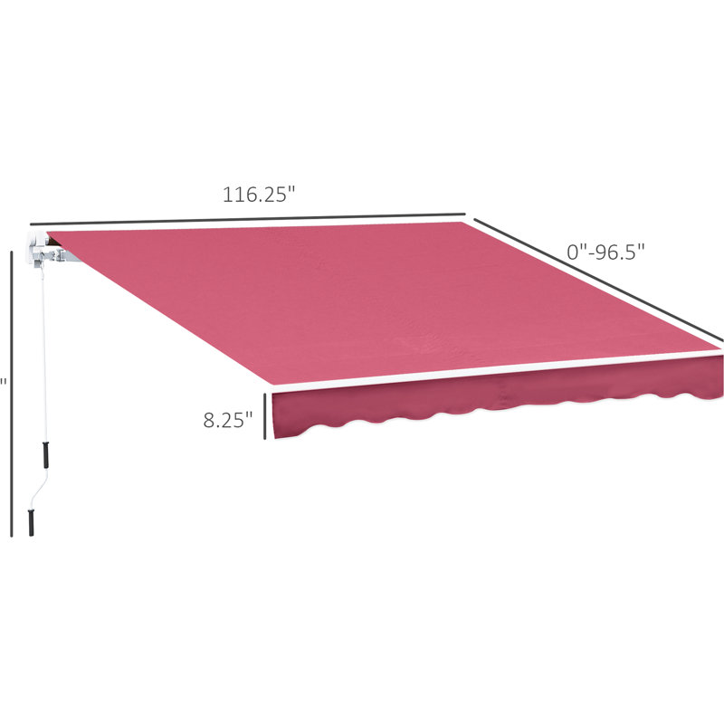 Auvent de terrasse de 10 pi x 8 pi avec résistance à l'eau, cadre en aluminium et fonctionnement manuel, parasol de patio rouge pour balcon, protection de cour, manivelle, terrasse, balcon