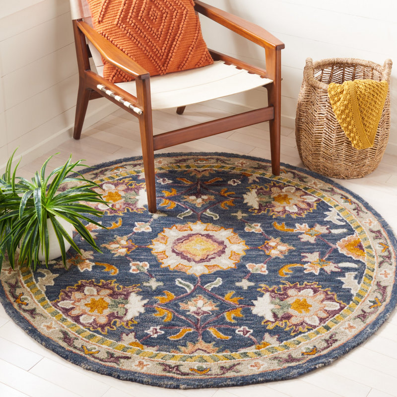 Hand Tufted Wool/Cotton Oriental Rug in White/Brown/Blue, Round 5'