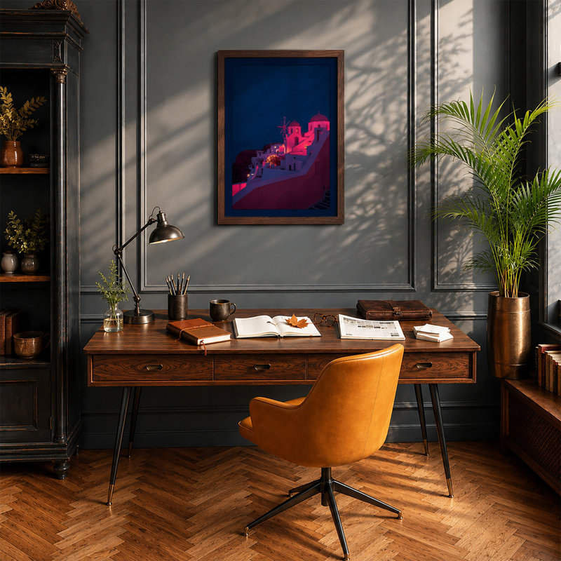 Neon Village at Dusk Modern - Framed Print, A4 - 29.7 x 21.0 cm, Walnut