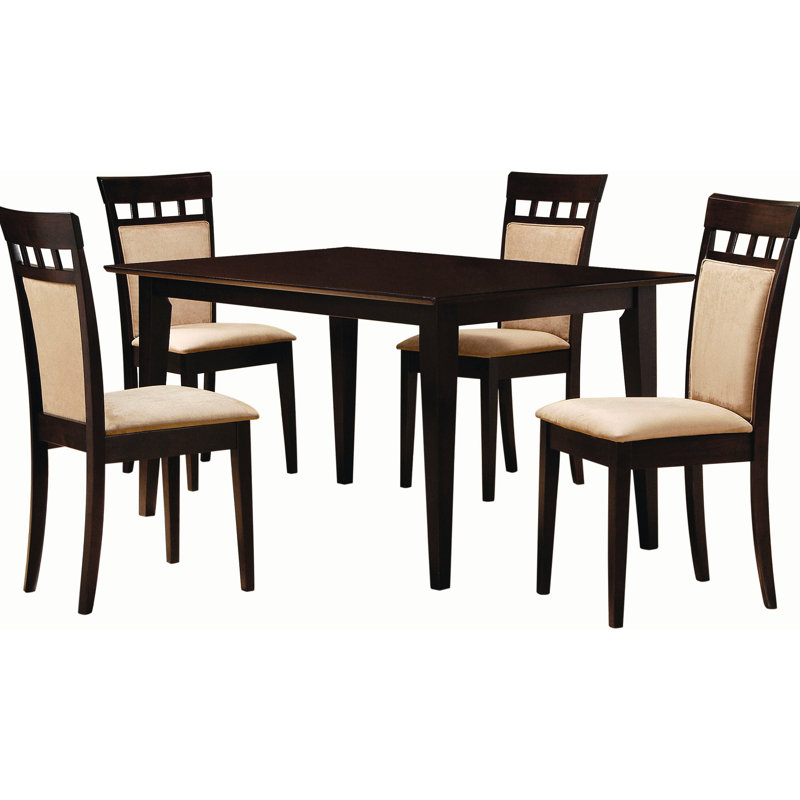 5 salles à manger avec table en placage de 59 pouces et quatre chaises rembourrées en microfibre brun clair pour un rassemblement décontracté