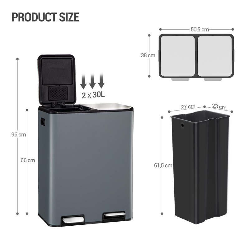 Kitchen Bin, Recycling Bins, Pedal Bin with Lid, Stainless Steel Kitchen Bins Recycling and Waste, Silent Slow-Down Closing Lid, With 15 Exclusive Trash Bags