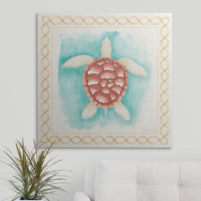 Mccallister " Coastal Mist Sea Turtle Border Turquoise " by Elyse DeNeige, 35" H x 35" W x 1.5" D, Canvas