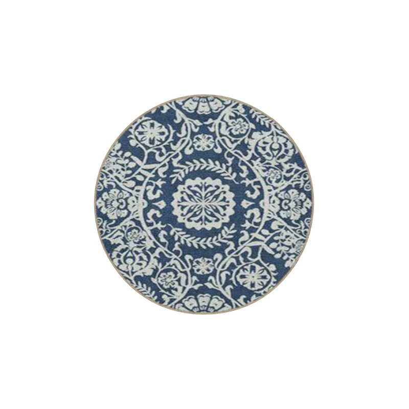 Blue Star Knot Patterned Washable Woven Base And Decorative Carpet, Round 4'