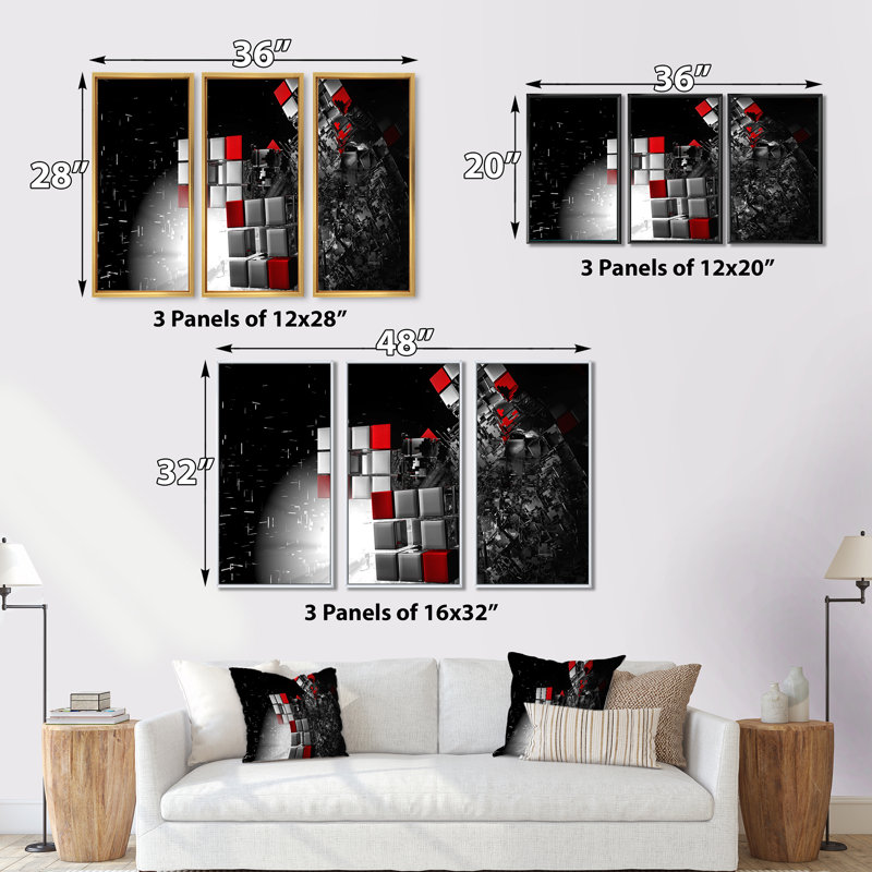 «Fractal 3D Red White Cubes», ensemble de 3 toiles abstraites encadrées, H 28 po x l 36 po x P 1 po, Noir