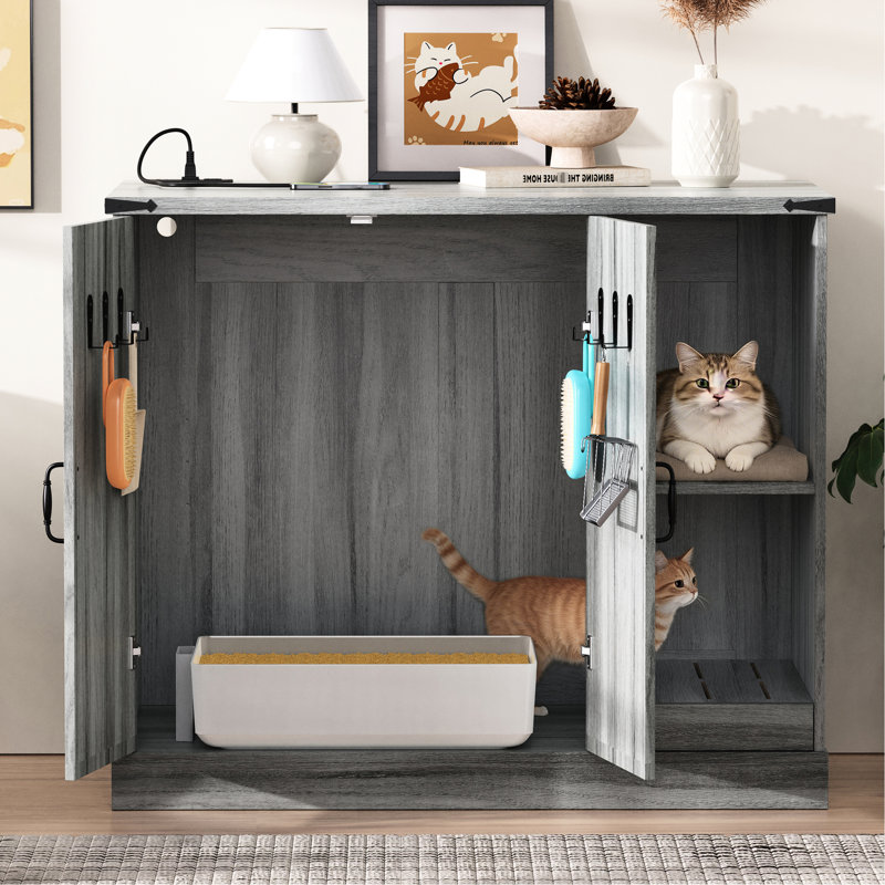 Gray Cat Litter Box Furniture, Power Outlet, Catcher, And Adjustable Shelves. Contemporary Geometric Design, Fits Most Automatic Boxes, Door Hooks For Pet Accessories, Universal Design Smart Pattern