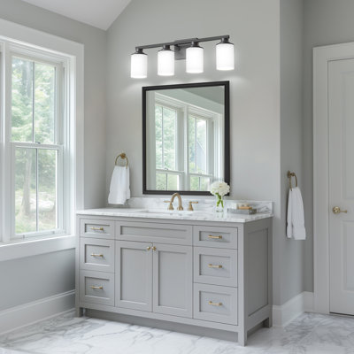 4-Light Bathroom Vanity Light With Milky White Glass Shades, 4-Light Wall Mount For Modern Spaces