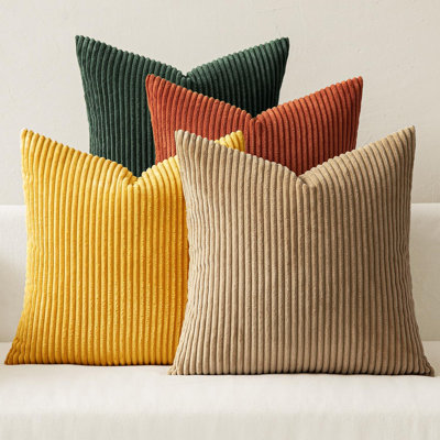 Pack Of 4 Green-Rust Corduroy Decorative Throw Pillow Covers 18X18 Inch Soft Boho Striped Pillow Covers Modern Farmhouse Home Decor For Winter Sofa Living Room Couch Bed