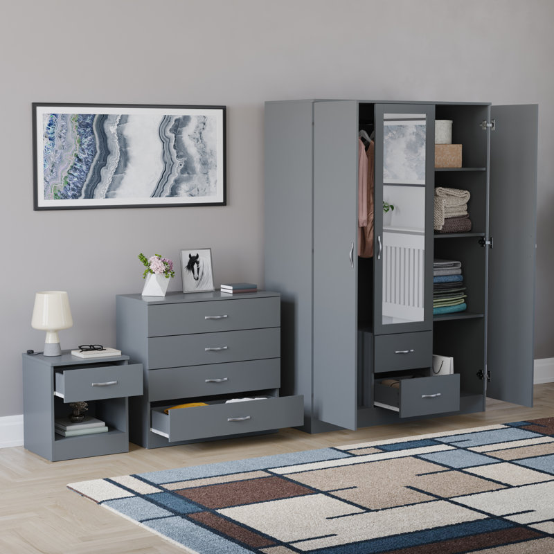 Maybery 3 Piece Bedroom Set (1 Drawer Bedside Chest, 4 Drawer Chest, 3 Door 2 Drawer Mirrored Wardrobe), (5), Grey