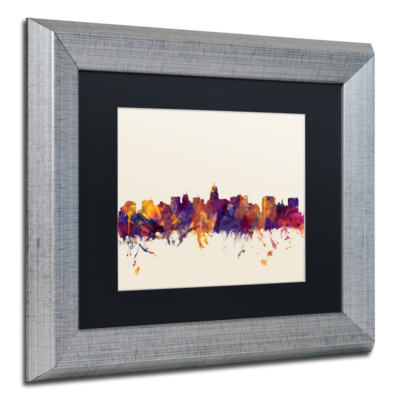 «Madison WI Skyline» par Michael Tompsett, impression sur toile encadrée, H 16 po x l 20 po x P 0,5 po, Blanc, Cadre brun
