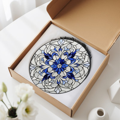 12"H Blue Floral Stained Glass Window Panel