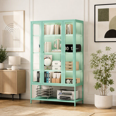 Grande vitrine en fer de 67,25 po avec porte vitrée et lumières DEL Armoire vitrée en acier pour objets de collection, trophées, vitrine à 3 côtés pour bureau à domicile, salle d'étude, salle de jeux, cyan