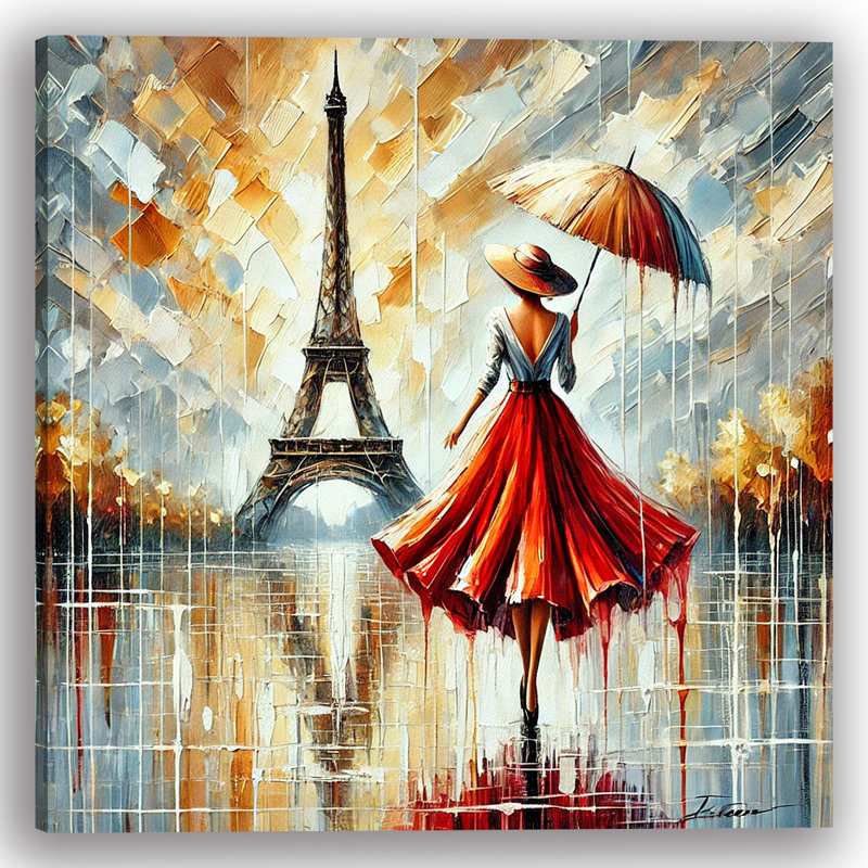 «Elegant Parisian Stroll in the Rain», art mural sur toile tendue, H 30 po x l 30 po x P 1,5 po