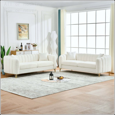 Canapé surdimensionné en chenille, canapé de luxe 3 places + 3 places, canapé capitonné, pieds en métal doré pour le salon, la chambre à coucher, appartement (blanc)