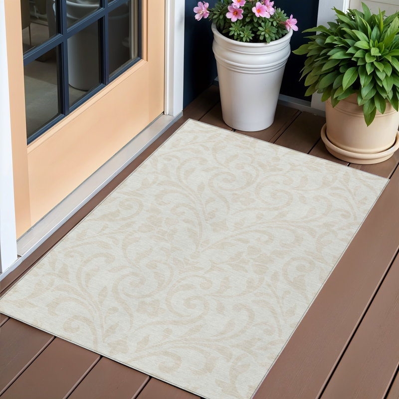 3' X 5' Ivory And Beige Floral Washable Indoor Outdoor Area Rug