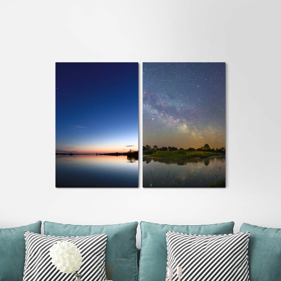 2-tlg. Leinwandbilder-Set - Grafikdruck „Horizon Sea Night Sky Starry Sky Galaxy Summer Night”