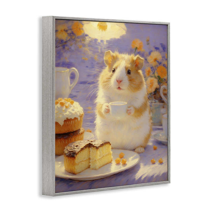 Hamster Tea Party avec gâteau, estampe numérique, design par Angie Hawke, 30 x 24, Giclée de ferme grise encadrée