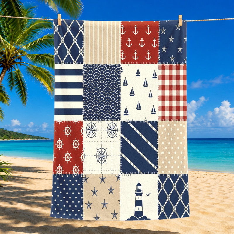 1 serviette de plage nautique en patchwork avec ancres, voiliers, boussoles, phares, étoiles, cordes, guingan et pois dans un motif bleu, blanc et brun clair. Grande microfibre, parfaite pour la piscine, les voyages, unisexe.