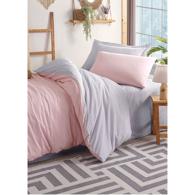 Quilt Cover Set, Cotton-Polyester Blend, Duvet Cover & 31 x 31 Pillowcase | Machine Washable, 120 Thread Count, Button Closure & Envelope Type | Soft Powder & Grey Colors, Perfect for Cozy Bedrooms