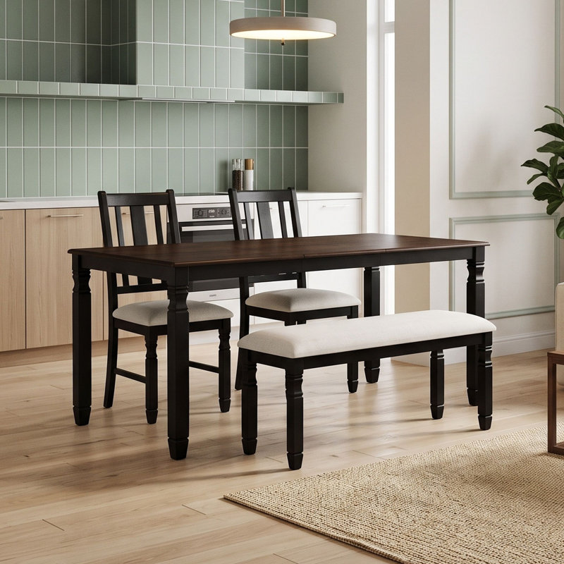 Ensemble de salle à manger extensible quatre pièces avec 2 chaises rembourrées et banc, Beige / noir / espresso