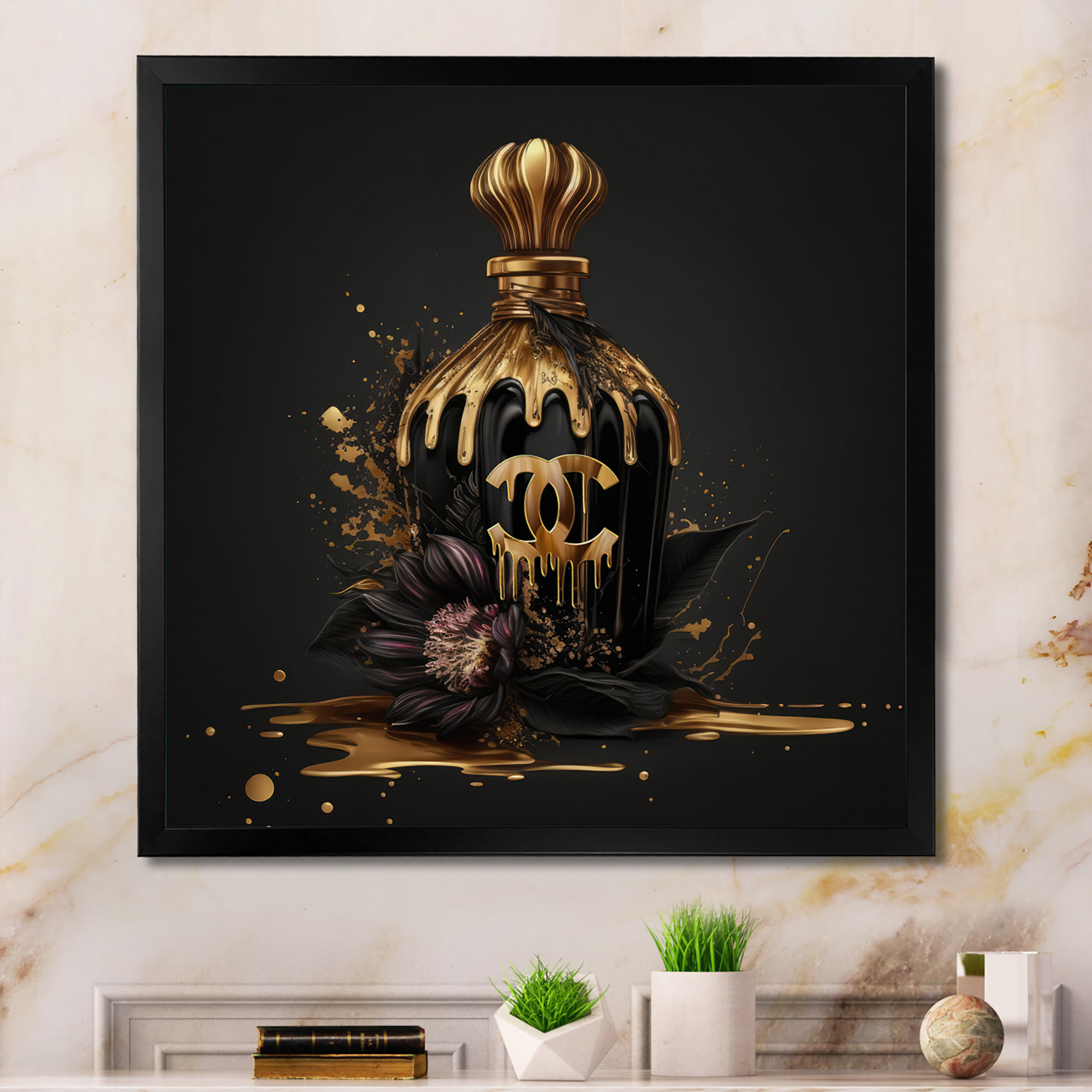 DesignArt Chic Black And Gold Perfume Bottle VIII On Canvas Print