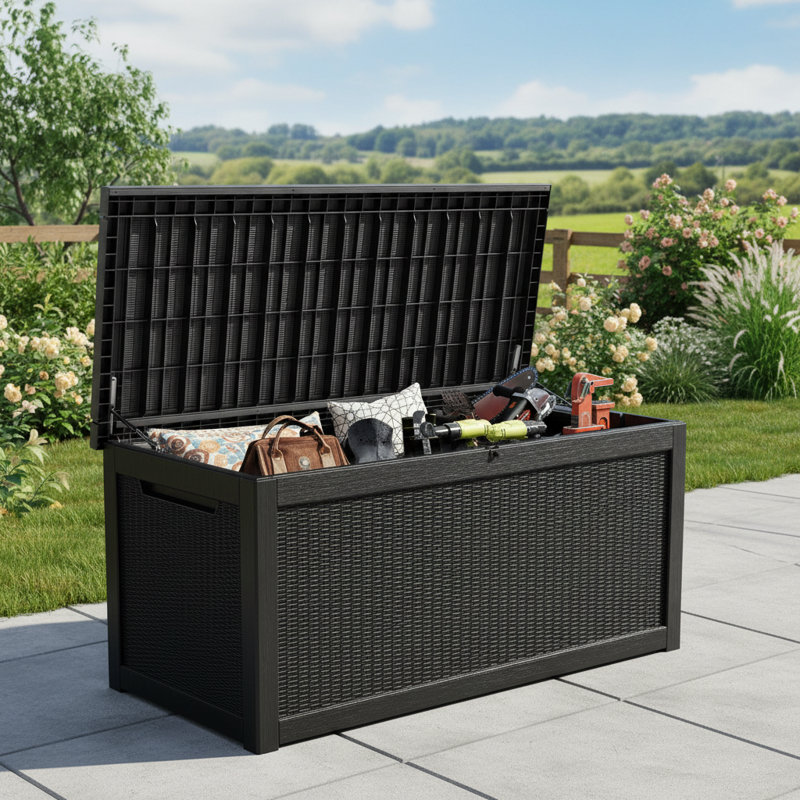 Black Waterproof Outdoor Deck Box, Large Resin Storage Container With Lockable Lid, Weather Resistant For Patio, Garden And Yard