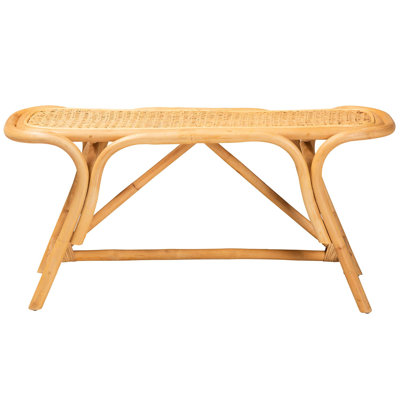 Banc naturel moderne de style bohémien avec siège de forme ovale, embellissement tissé, tiges de support triangulaires et pieds en angle, teinte brune, 14,7 po de profondeur, 37,83 de largeur, 18,28 de hauteur, 9,44 livres
