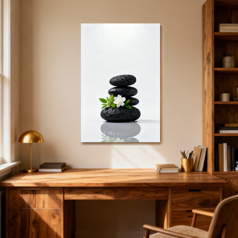 Bain et lessive pierres noires fleur blanche équilibre zen harmonie paisible, H 36 po x l 24 po