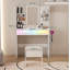 Table de coiffeuse moderne avec lumières DEL - 3 modes d'éclairage, prise et rangement intégrés, avec chaise