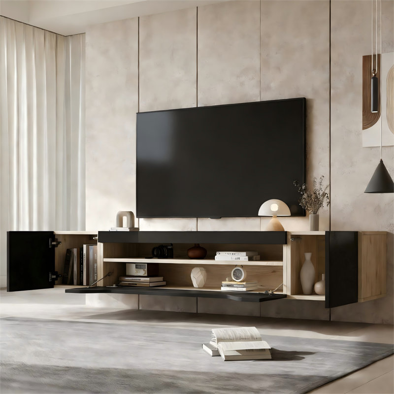 Meuble télé mural de 75 po avec rangement à 3 niveaux et éclairage DEL Norvale