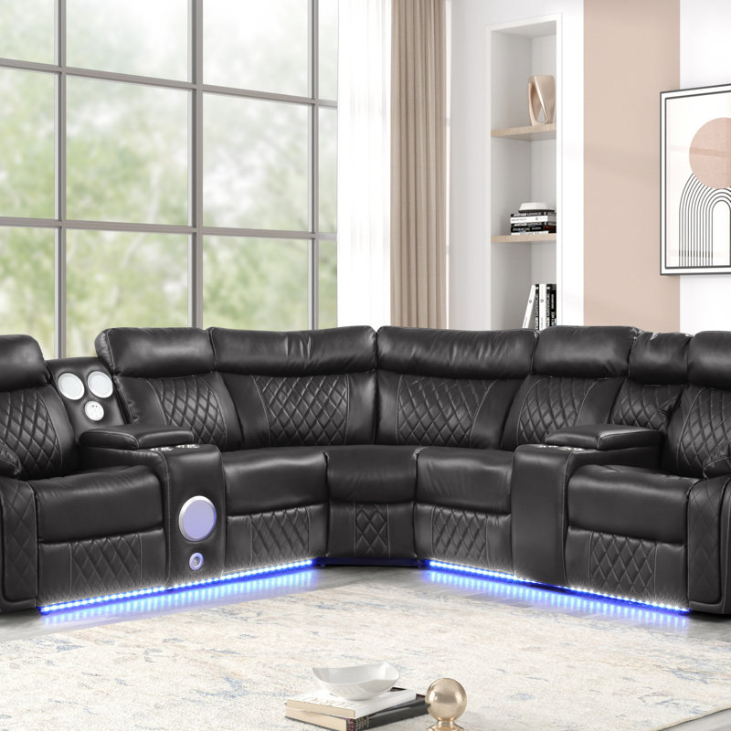 Lacrosse Modern Power Recliner Sectional With Bluetooth Speaker, LED Lights, And Wood & Metal Frame, Grey Fabric