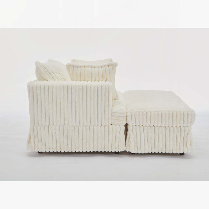 Oversized Corduroy Chaise Longue With Ottoman, White Corduroy