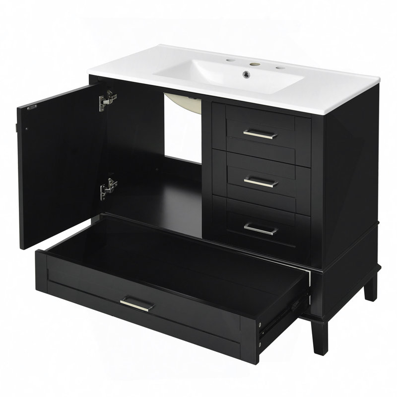 Meuble-lavabo moderne avec cadre en pin massif, 1 porte à fermeture douce et 3 tiroirs, armoire de rangement moderne, Noir