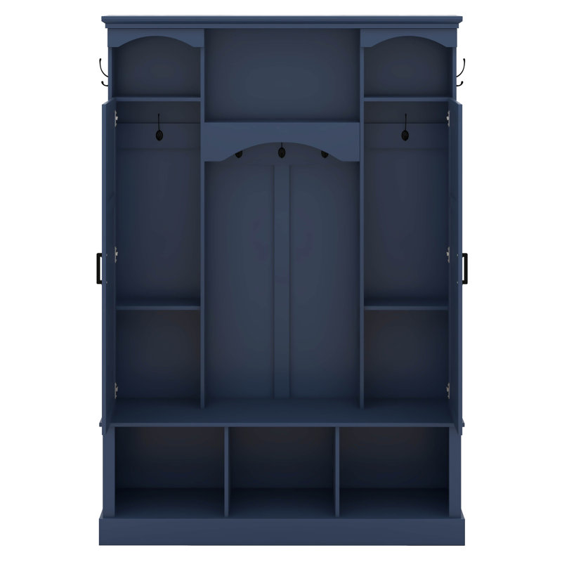 Hall Tree With Adjustable Shelves & 7 Hooks, All-In-One Entryway Organizer, Shoe Cabinet & Storage Bench, Blue