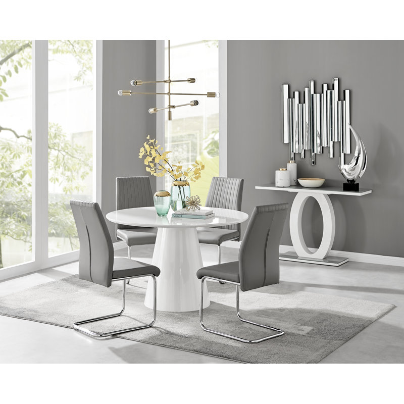 Edward Statement Pedestal Dining Table Set with 4 Luxury Faux Leather Upholstered Dining Chairs, White, Gray