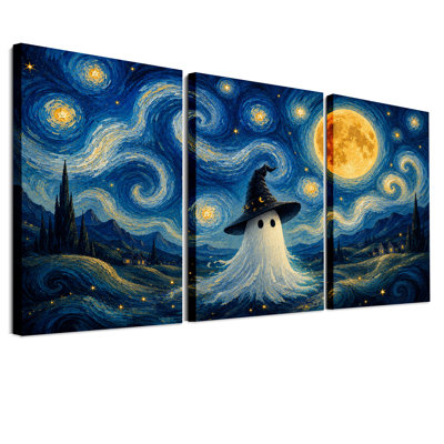 Ensemble de 3 toiles murales représentant un fantôme coiffé d'un chapeau de sorcière noir, sous un tourbillon d'Halloween
