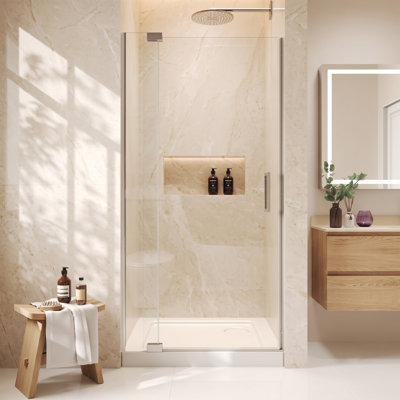 Porte de douche pivotante en verre trempé de 5/16 po avec couvercle ouvert, entièrement sans cadre, nickel brossé