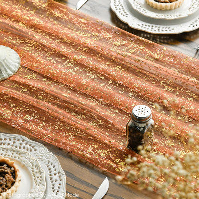 6PCS Orange Gold Gauze Table Runner 120 Inch 10FT, Glitter Metallic Foil Sheer Dining Wedding Anniversary Holiday Table Decor for Home Party