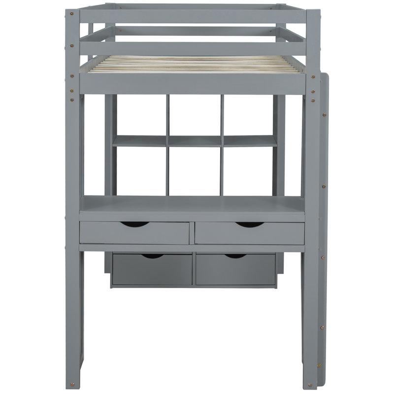 Lit mezzanine simple gris avec tablettes, bureau et tablettes à DEL, Gris, Lit simple