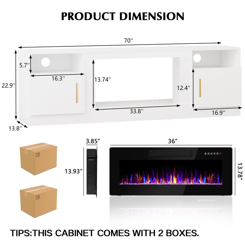 Alazik TV Stand for TVs up to 78" with Fireplace Included, White/Black