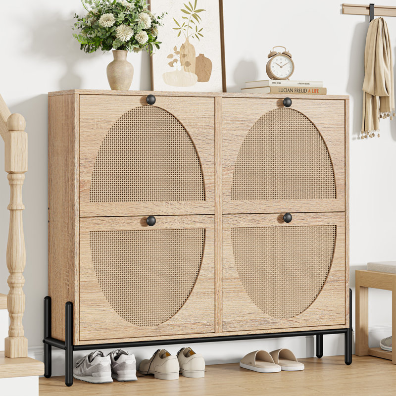 Rattan Shoe Storage Cabinet With 4 Flip Drawers(Fits 16 Pairs), Freestanding Shoe Organizer With Metal Legs For Entryway