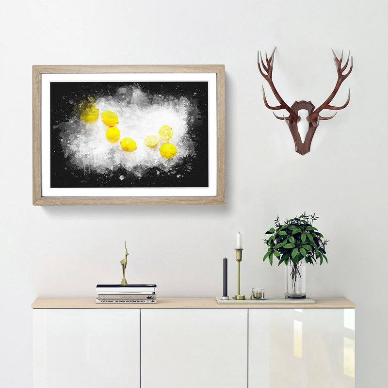 Lemon Fruit Paint Splash - Picture Frame Graphic Art, 33cm H x 45cm W x 2cm D, Oak Framed