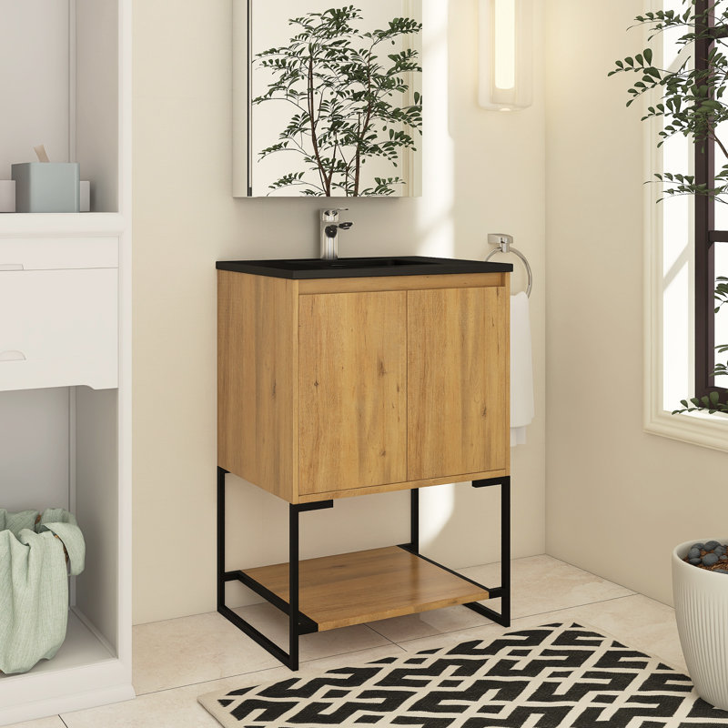 Ensemble de meuble-lavabo simple 24 po avec plateau en résine Belem, Noir, Chêne