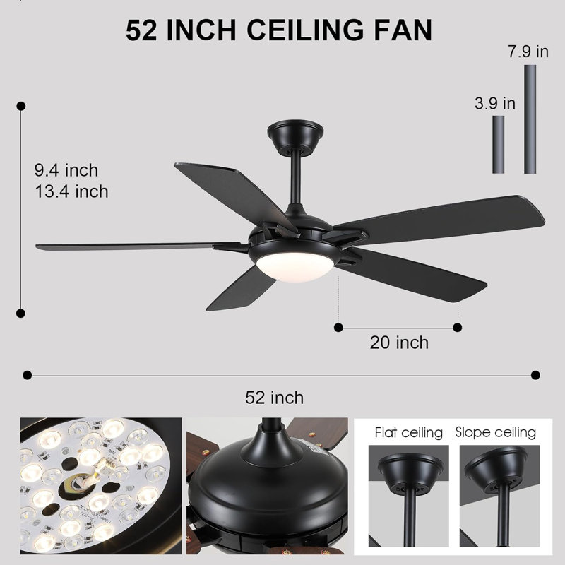 Ventilateur de plafond 52 pouces à 5 pales noir avec lumières et télécommande